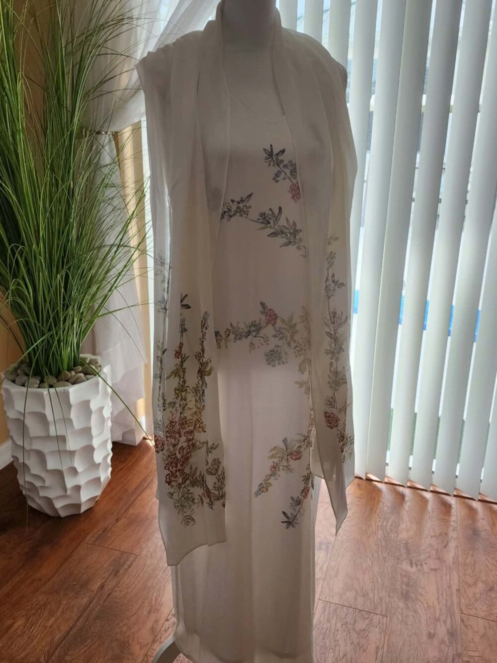 Barbara Lesser Floral Maxi Dress Set S with Silk Clutch & Scarf